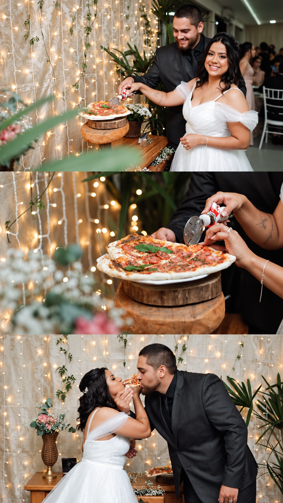 Noivos celebrando com pizza em formato de coração